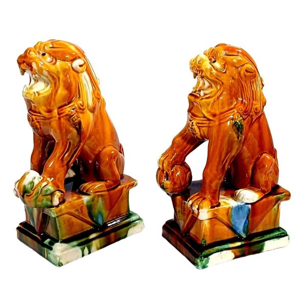 Art Vtg Chalkware Lion Foo Dog Drip Glaze Majolica Pottery Bookends Sculptur Poshmark